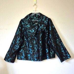 Bryn Walker Brown and Teal Floral Burnout Brocade Swing Jacket, Size L